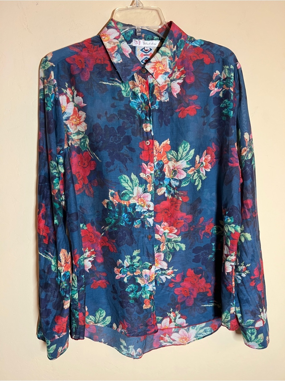 3J Workshop Johnny Was Women's Dark Blue Silk Blend Floral Boho Blouse Size L